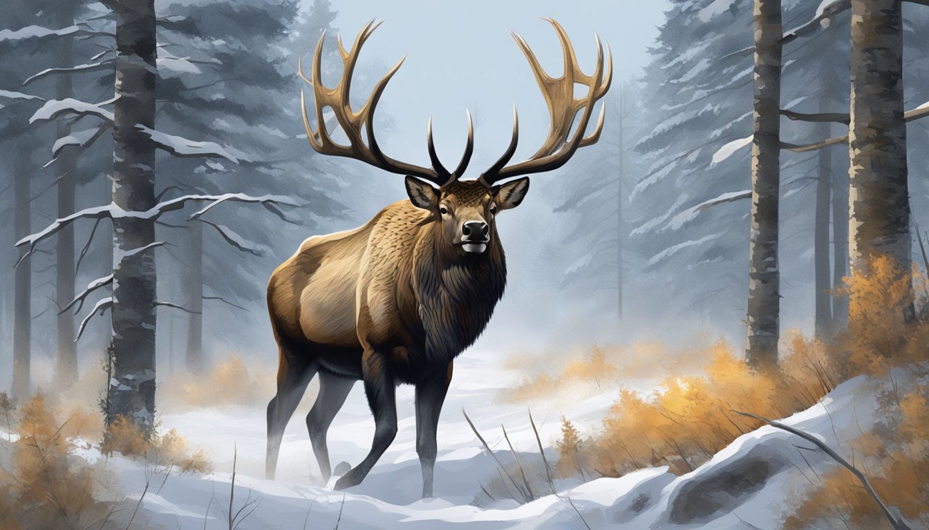 A hunter in camouflage with a compound bow, stalking a massive bull elk through a forest clearing