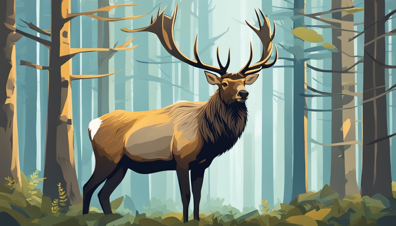 A world record elk stands in a forest, surrounded by a legal framework and symbols of conservation efforts