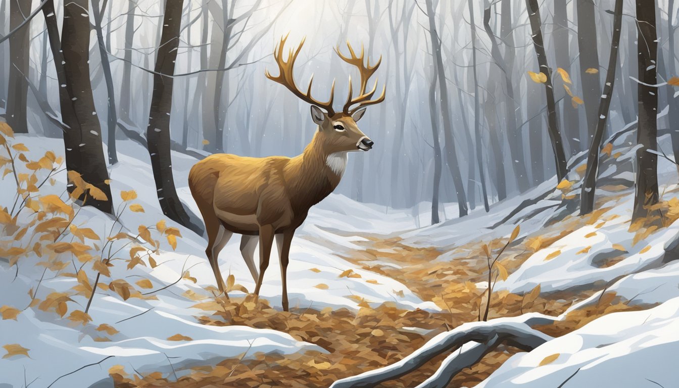 A deer browsing on twigs and dried leaves in a snowy forest clearing