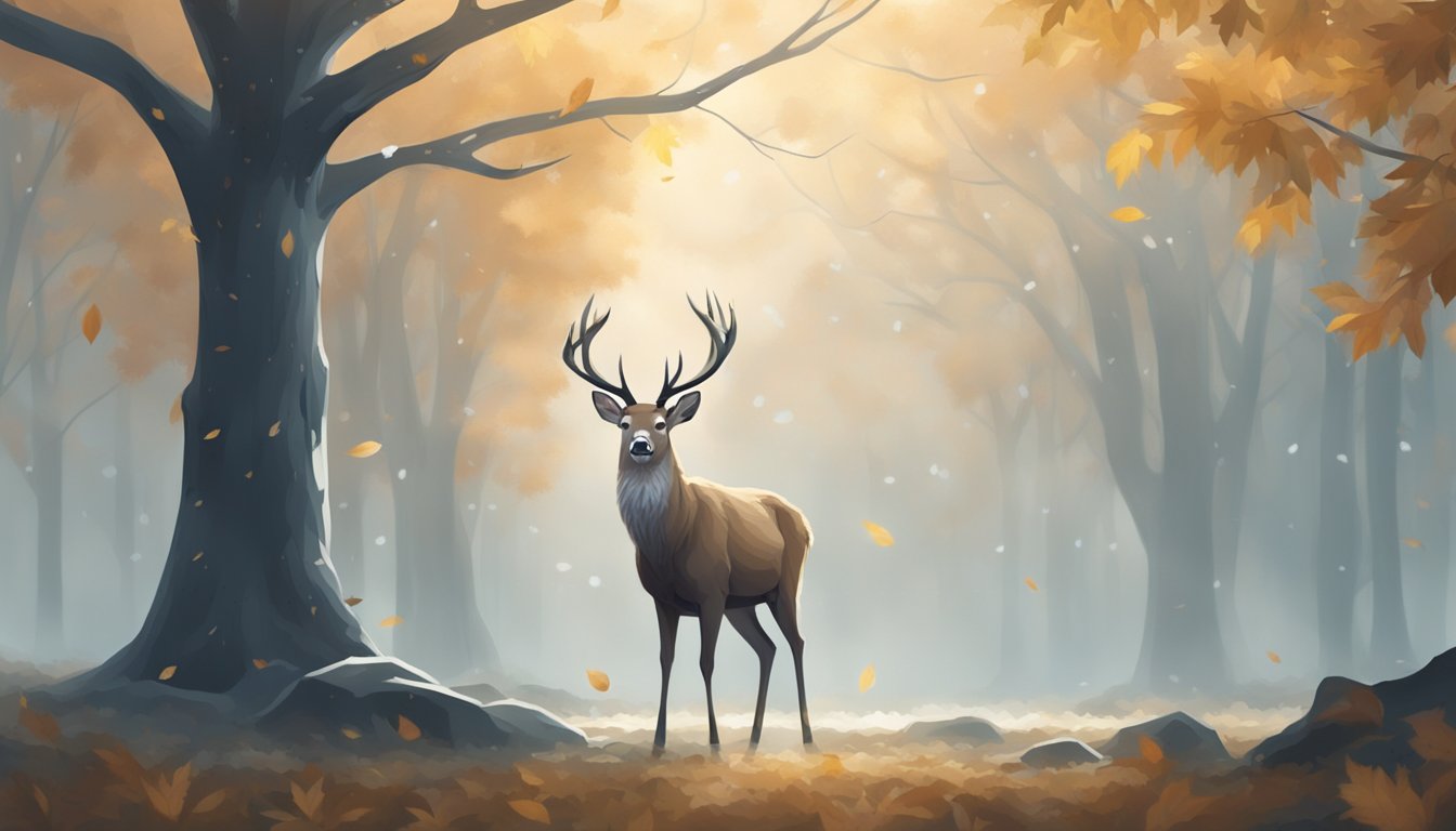 A deer hangs from a tree, surrounded by mist and falling leaves. The weather is cold and damp, with a sense of quiet stillness