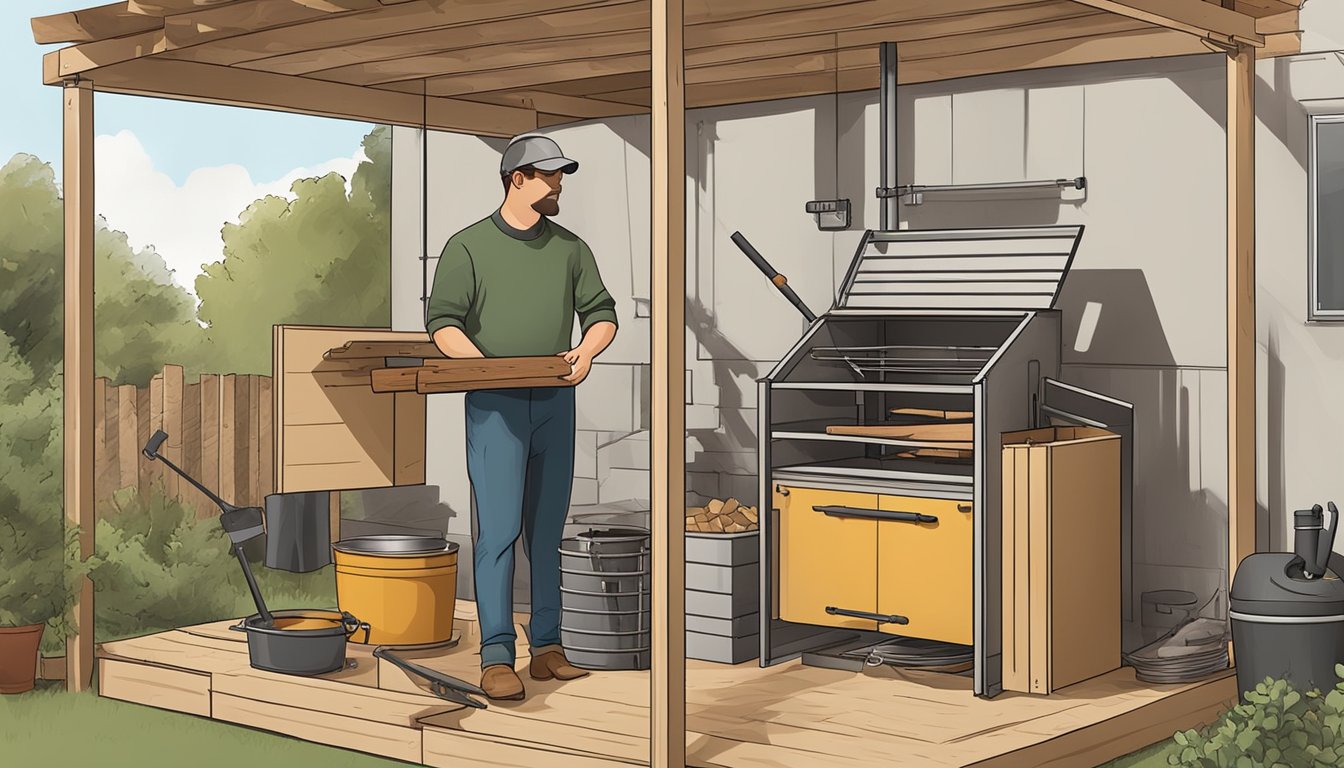 A person gathers wood, metal, and tools to construct a DIY smoker in a backyard workshop