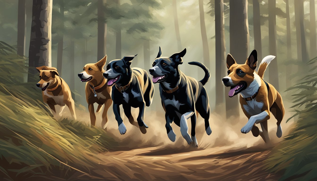 A group of hunting dogs running through a dense forest, their noses to the ground as they follow a scent trail