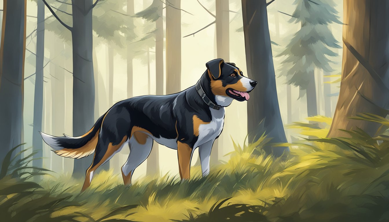 A muscular, alert dog with a keen gaze, standing in a forest clearing, ready to track and retrieve game