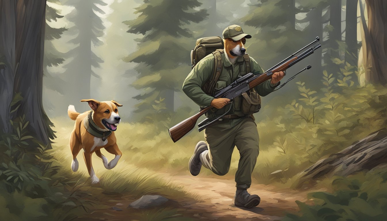 A dog running through a forest, sniffing the ground, with a hunting rifle and gear in the background