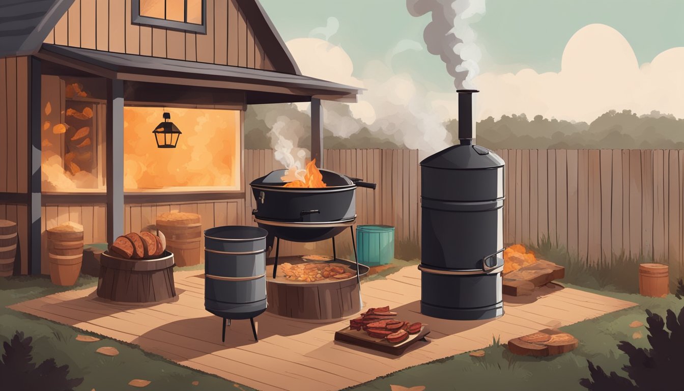 A rustic backyard with a DIY smoker made from metal barrels, surrounded by wood chips and various meats. Smoke billows from the smoker as someone tends to the fire