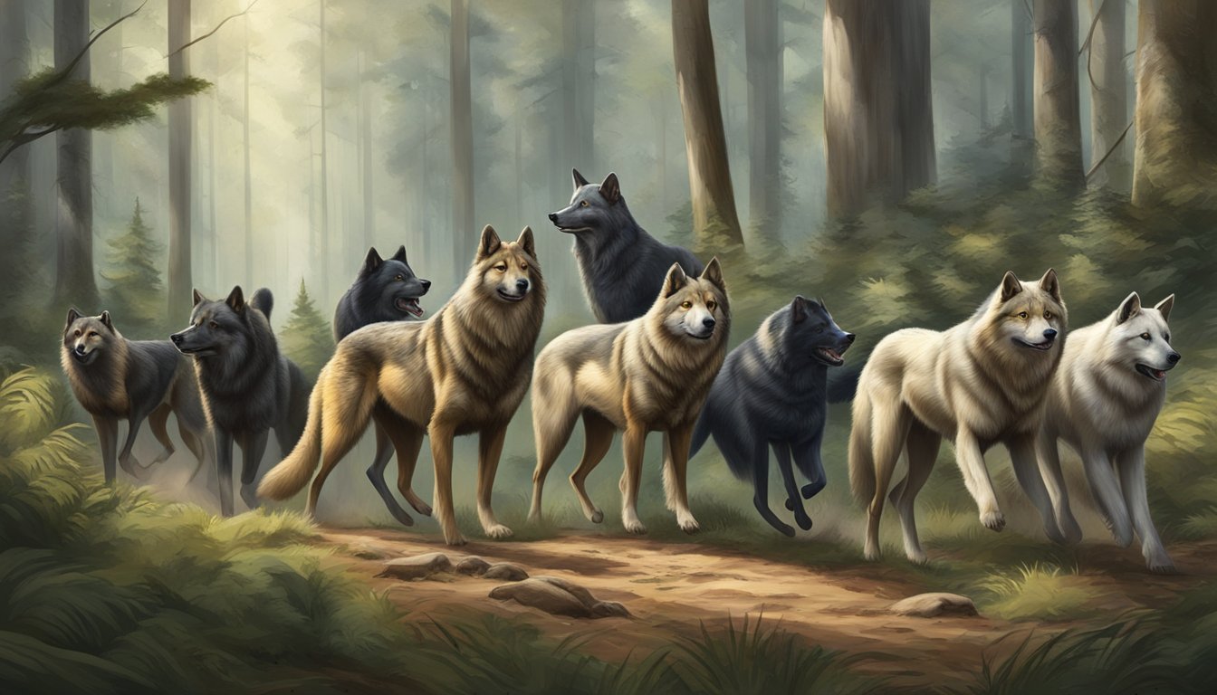 A pack of specialized hunting breeds eagerly track prey through a dense forest, their noses to the ground and tails held high in anticipation