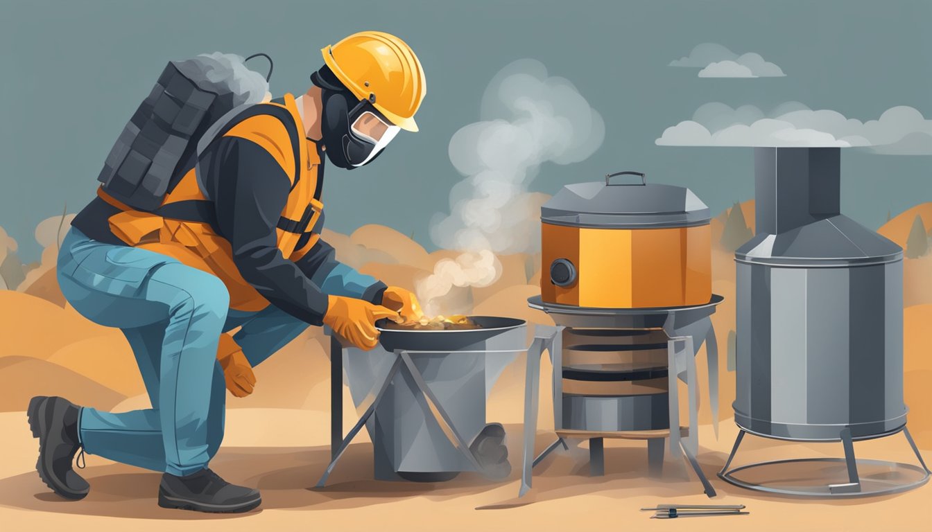 A person wearing protective gear builds a DIY smoker outdoors, using metal sheets and tools on a flat surface