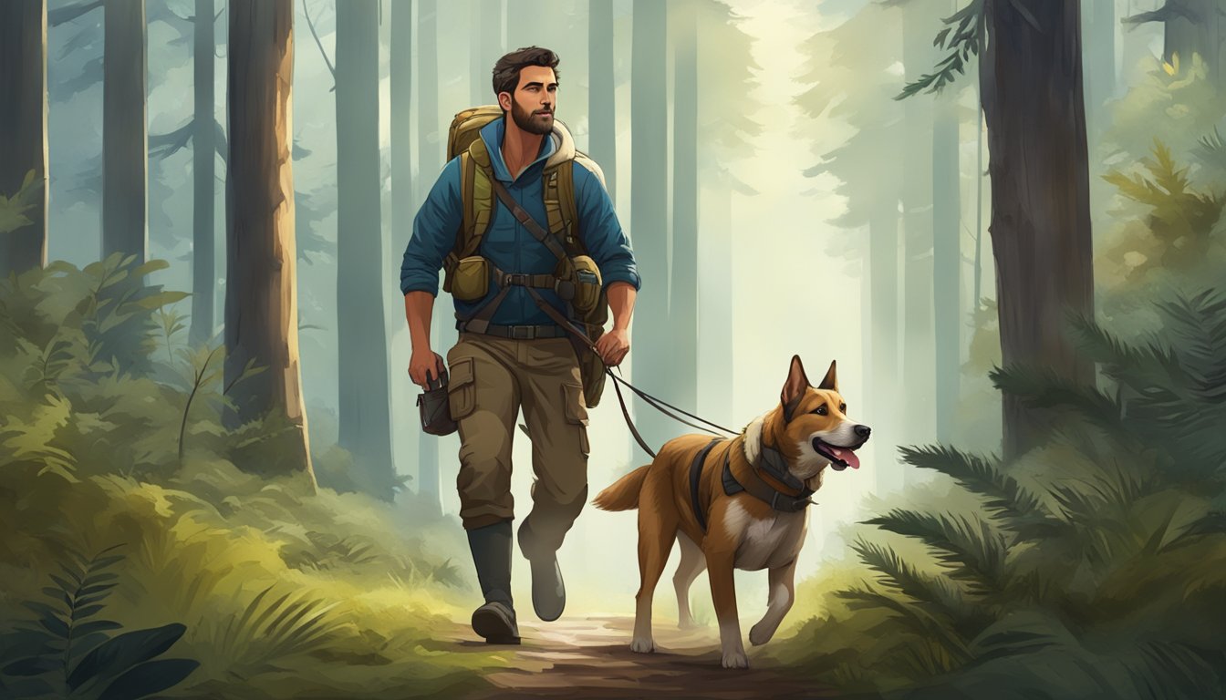 A hunter and their loyal dog trek through a dense forest, the dog eagerly leading the way with its keen senses and strong, agile build