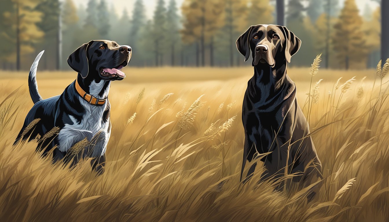 Two hunting dogs, a Labrador Retriever and a German Shorthaired Pointer, eagerly sniff the ground, surrounded by tall grass and trees