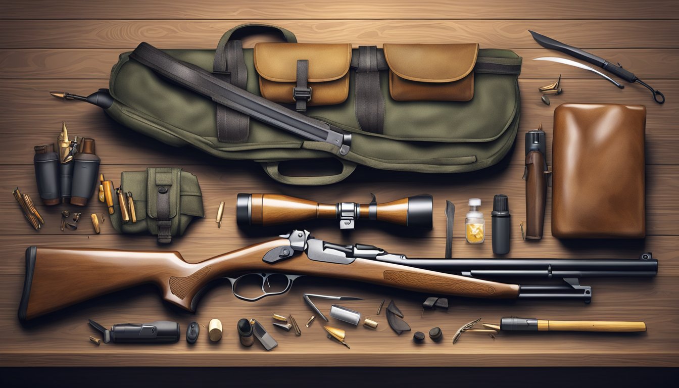 A hunter's gear laid out on a wooden table: rifle, ammunition, knife, and a field dressing kit. A deer skull hangs on the wall