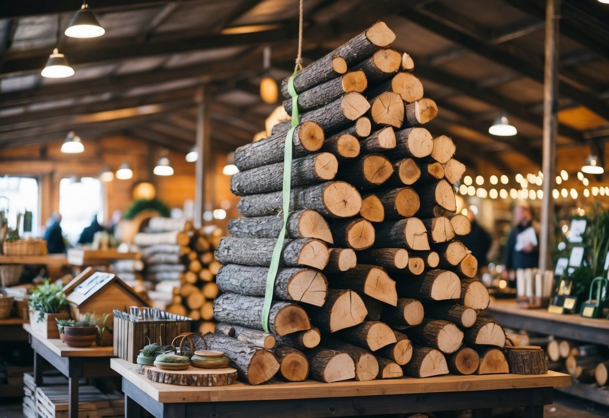 A stack of kiln-dried logs and various accessories displayed at a rustic Irish market