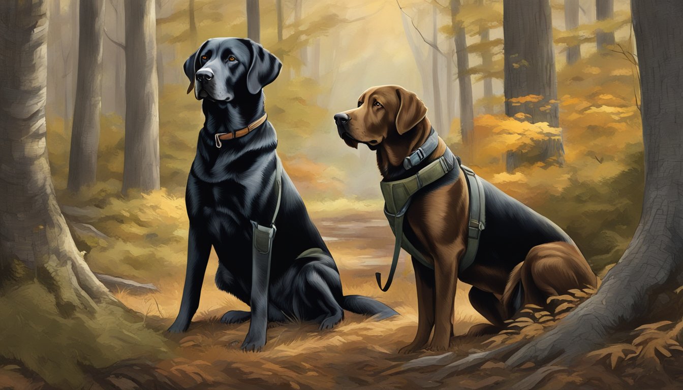 Two hunting dogs, one English lab and one United States lab, stand side by side in a wooded area, ready to embark on a hunting expedition