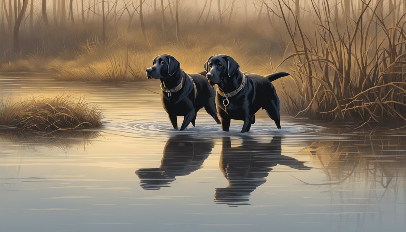 Two labs side by side, one stocky and muscular, the other lean and athletic. Both eagerly retrieving ducks in a marshy hunting ground