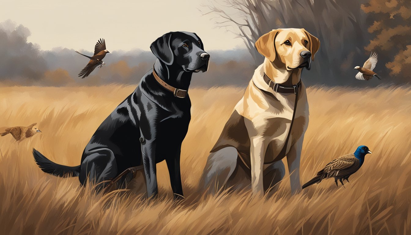 Two labs, one brown and one black, stand in a field with hunting gear and game birds