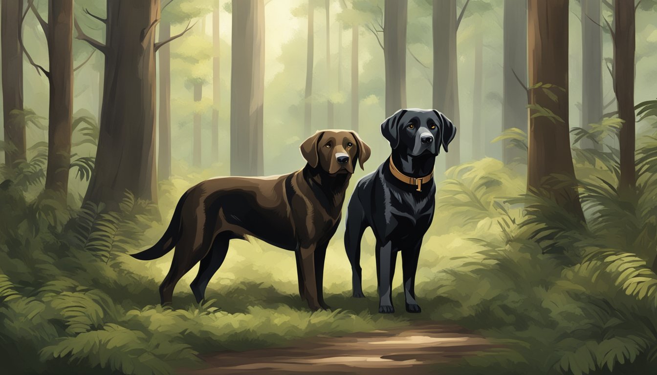 Two labs, one brown and one black, stand side by side in a lush forest, alert and ready for a hunting expedition