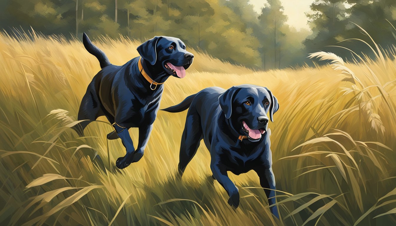 Two Labradors, one American and one English, competing in a hunting trial. They are in a field with tall grass and trees, eagerly searching for birds