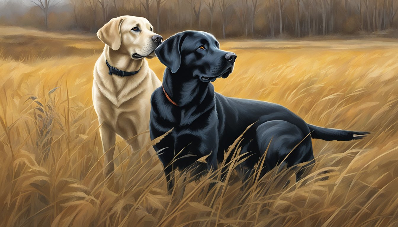 Two Labradors, one American and one English, side by side in a hunting field, showcasing their diverse working abilities