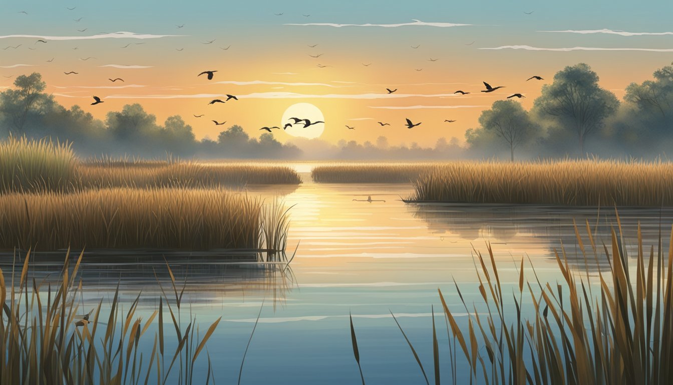 A serene marshland at dawn, with reeds and cattails lining the water's edge. Ducks fly overhead in the early morning light