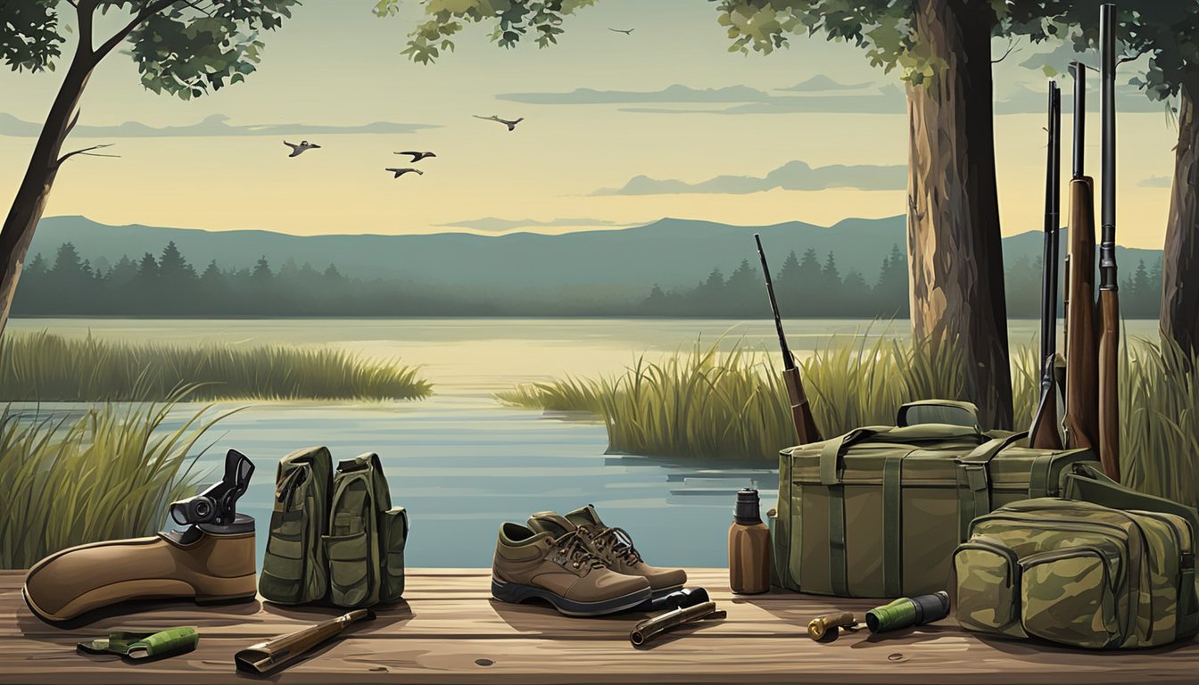 A duck hunter's gear laid out on a wooden dock, including a shotgun, decoys, camouflage clothing, and a duck call. The scene is set against a backdrop of a serene lake and marshland