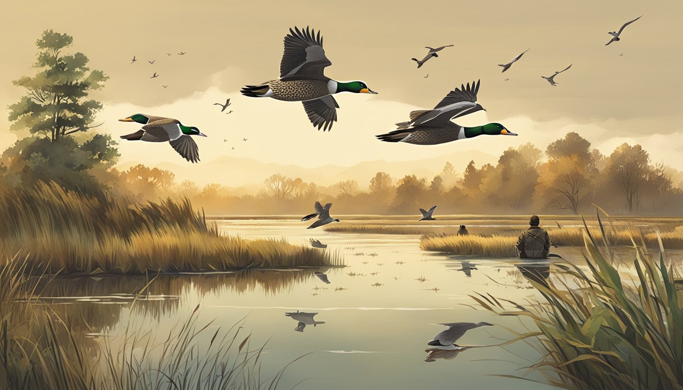 Ducks flying over wetlands with hunters practicing sustainable conservation