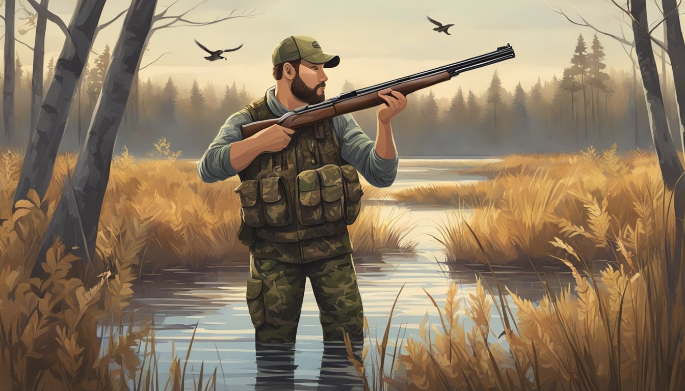 A hunter stands in a marsh, handing a shotgun to a Labrador retriever wearing a camouflage vest. The dog eagerly awaits the upcoming duck hunting trip