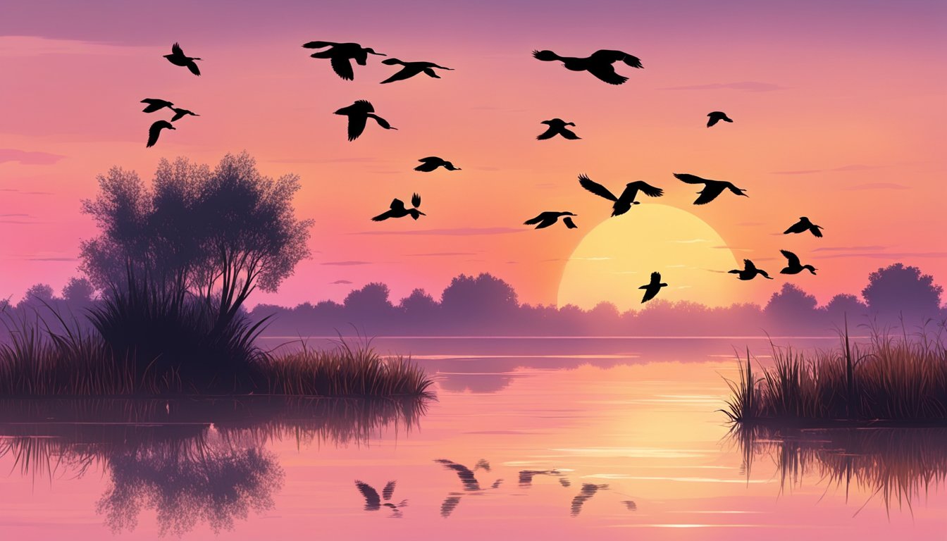 A serene lake at sunrise, surrounded by marshland and tall grasses. A flock of ducks takes flight, silhouetted against the orange and pink sky