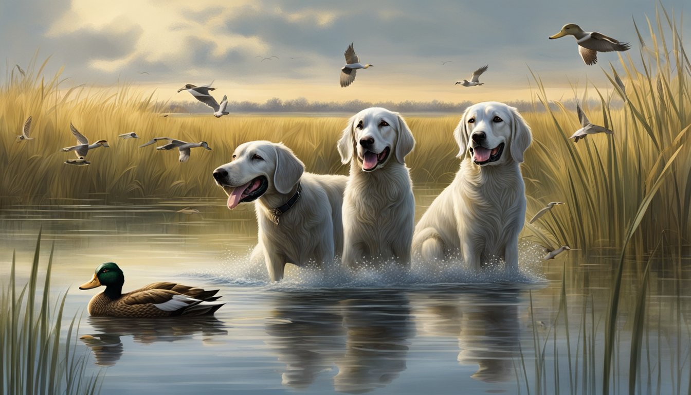 A group of duck dogs eagerly retrieve fallen ducks from a serene wetland, surrounded by tall grass and calm water