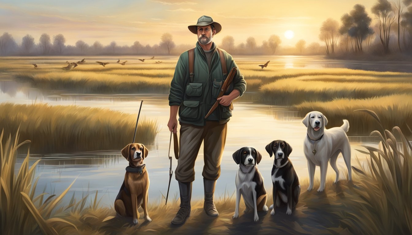 A duck dog breeder standing with hunting dogs in a rural setting, surrounded by ponds and marshes