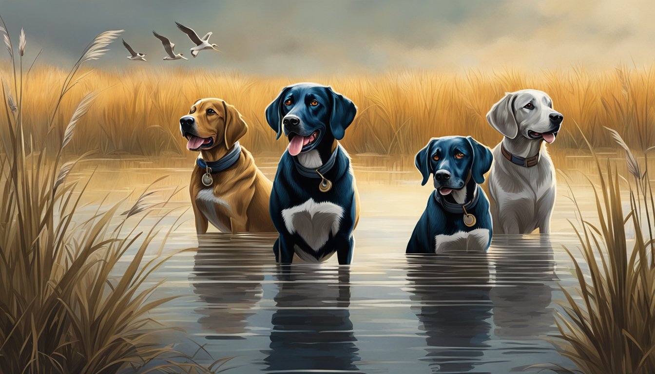 A group of skilled duck hunting dogs eagerly await their next adventure, surrounded by marshlands and tall grasses