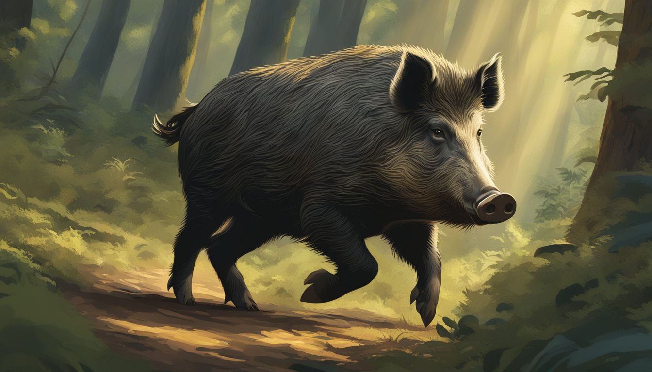 A massive wild boar roams through a dense forest, its tusks gleaming in the sunlight as it forages for food