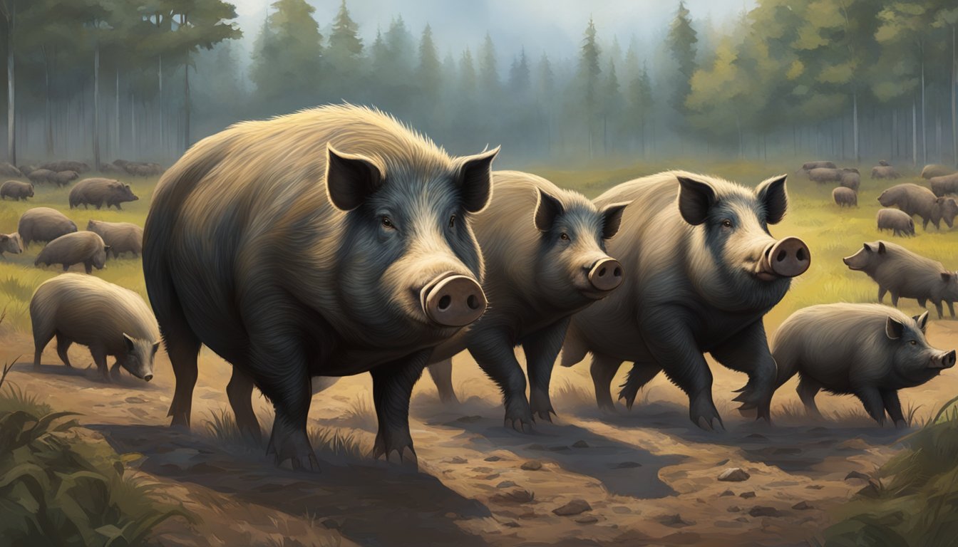 A group of massive hogs gather in a muddy clearing, displaying dominance through their size and posture. The largest hog stands at the center, surrounded by the others