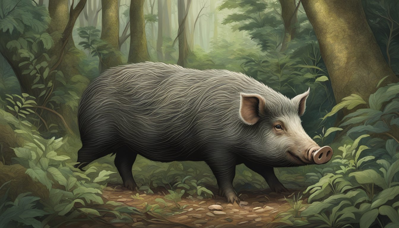 A massive hog roots through dense underbrush, foraging for food in its natural habitat