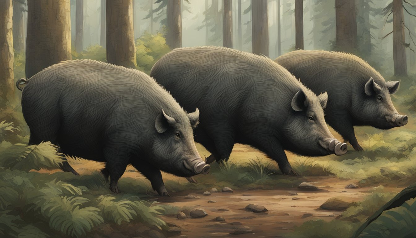 A group of massive hogs roam through a dense forest, their powerful bodies and tusks on full display as they forage for food