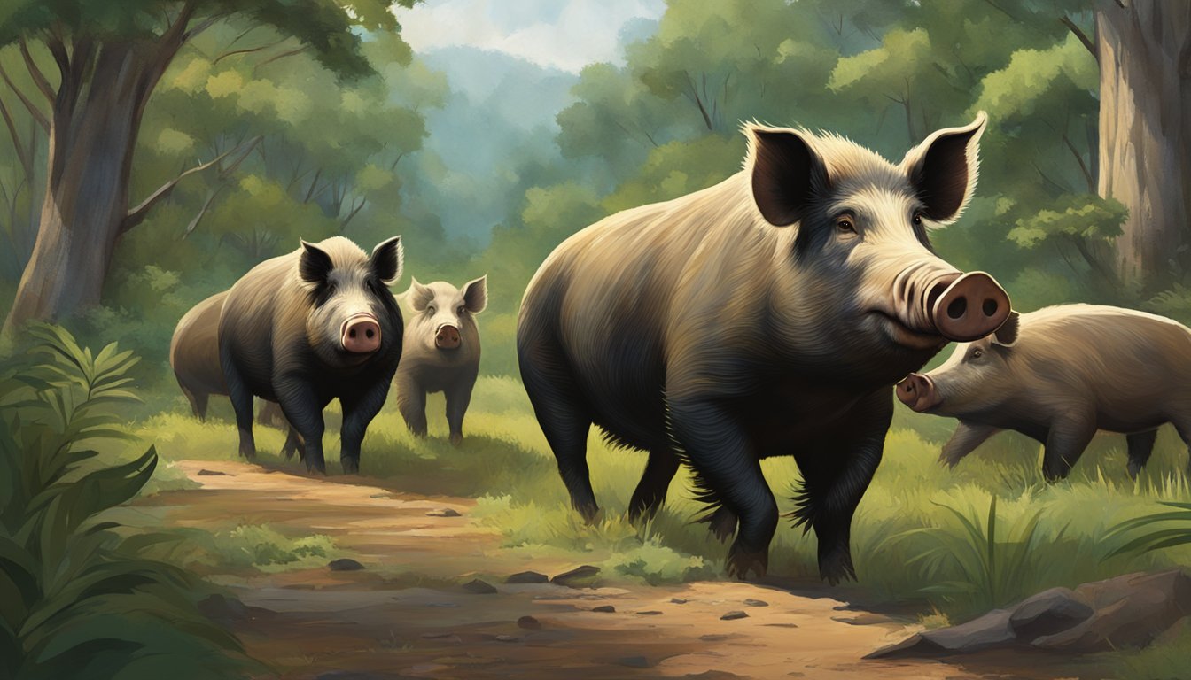 A group of massive hogs roam freely in a lush, protected habitat, surrounded by towering trees and diverse wildlife