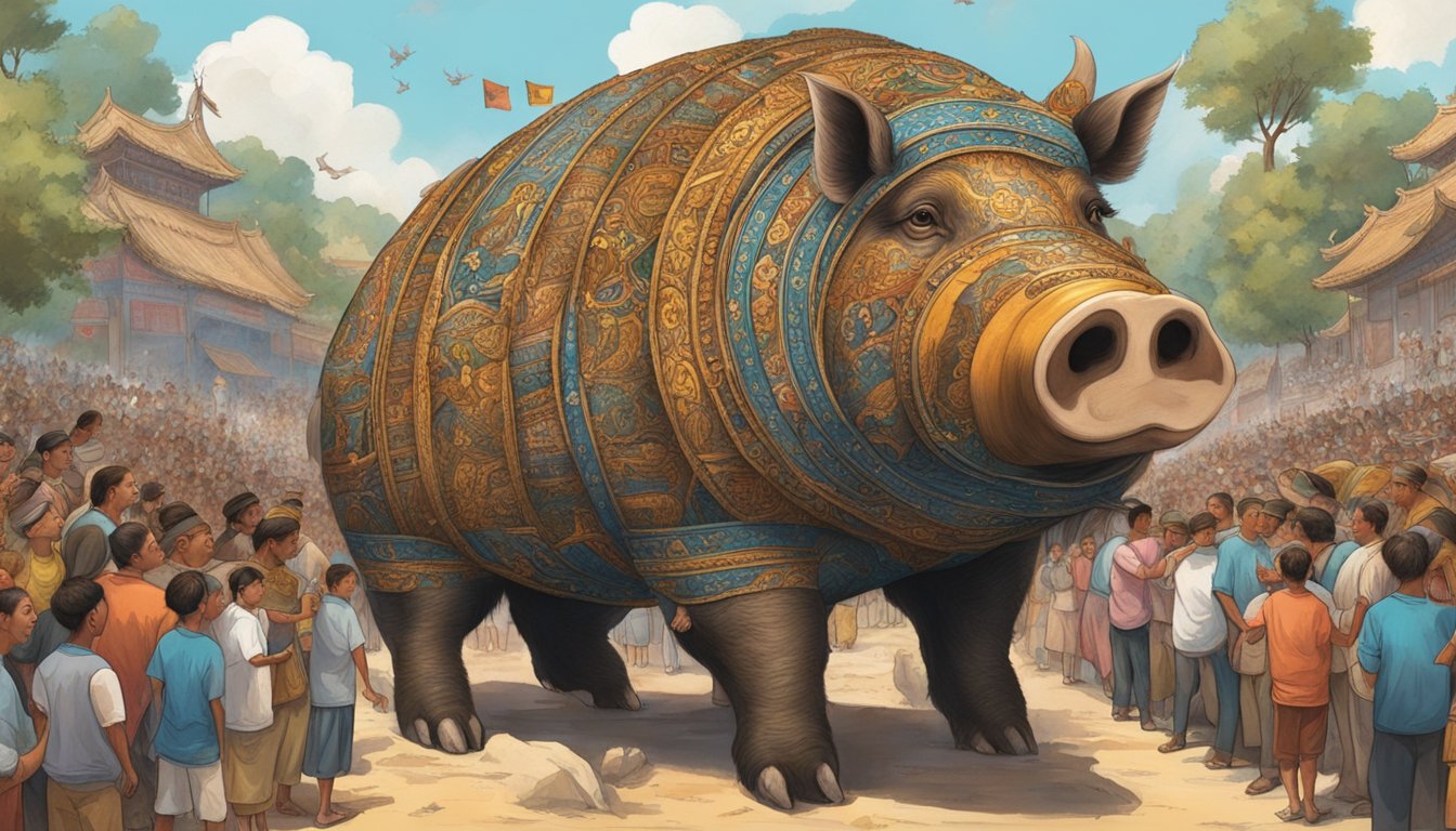 Enormous hogs adorned with cultural symbols, surrounded by a crowd of people in awe