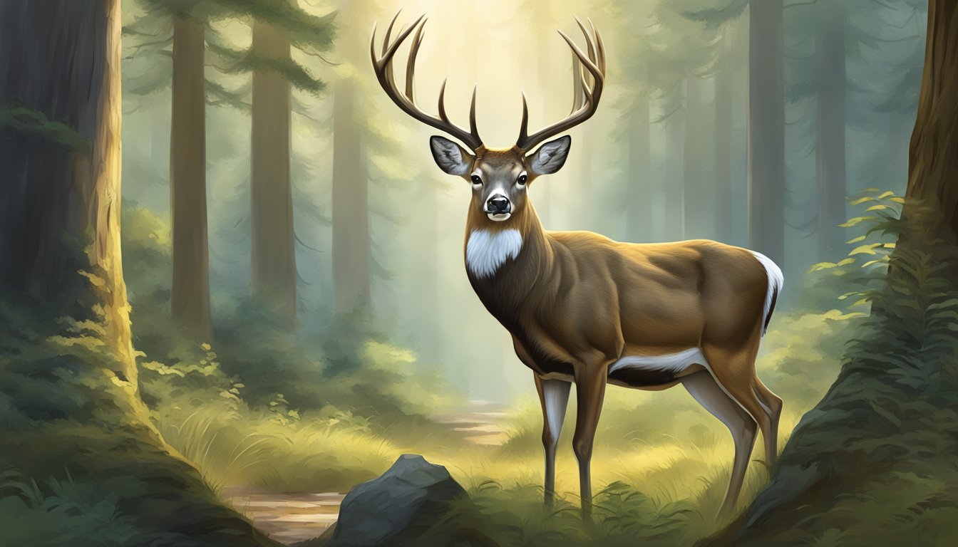 A majestic whitetail deer, with a massive set of antlers, stands proudly in a lush forest clearing, exuding power and grace