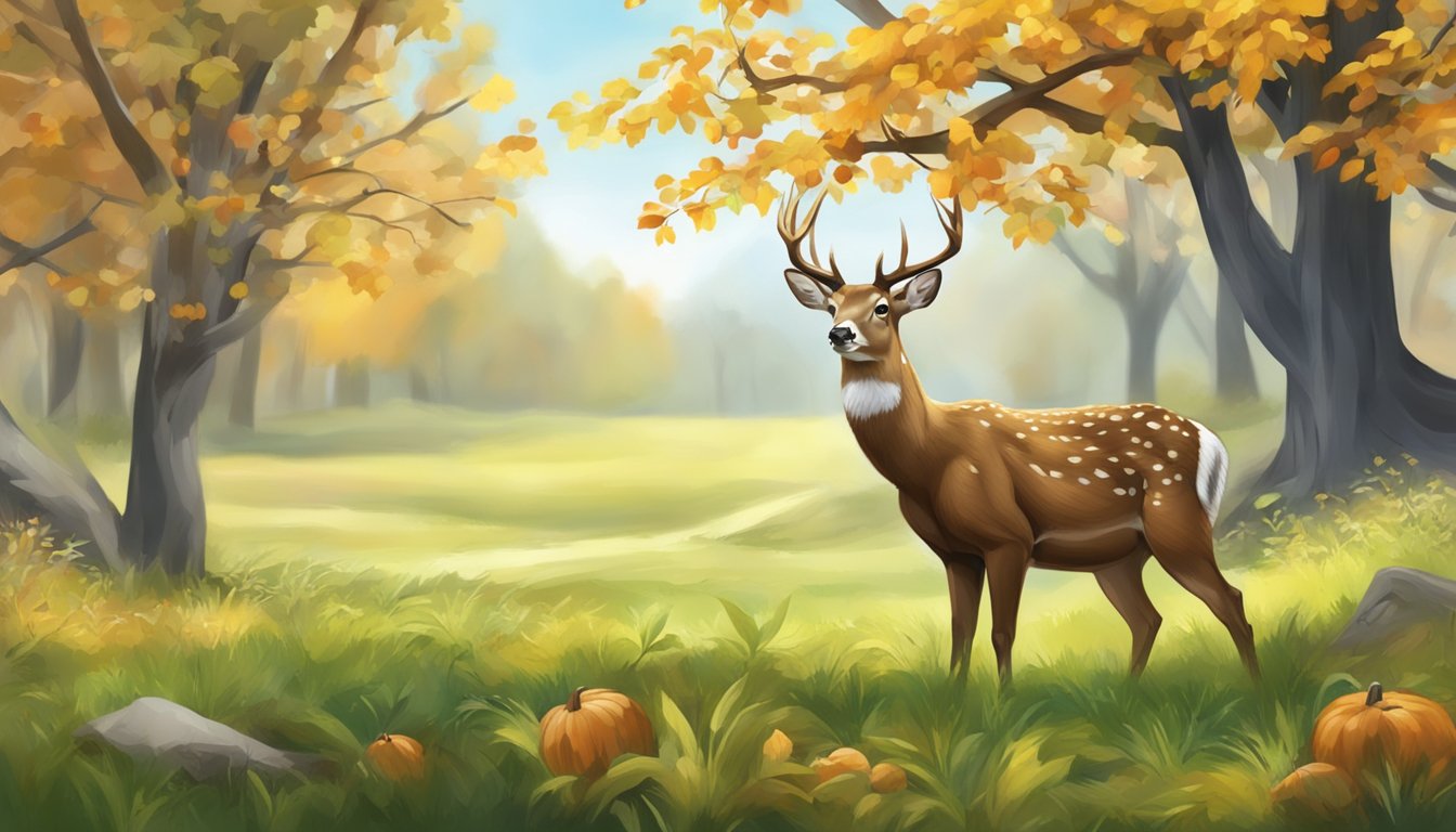 A deer grazing on grass and leaves in spring, and foraging for berries and nuts in autumn