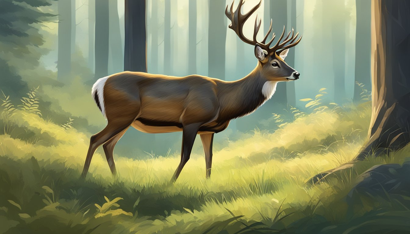 A deer peacefully grazing on grass in a forest clearing, surrounded by trees and wildlife