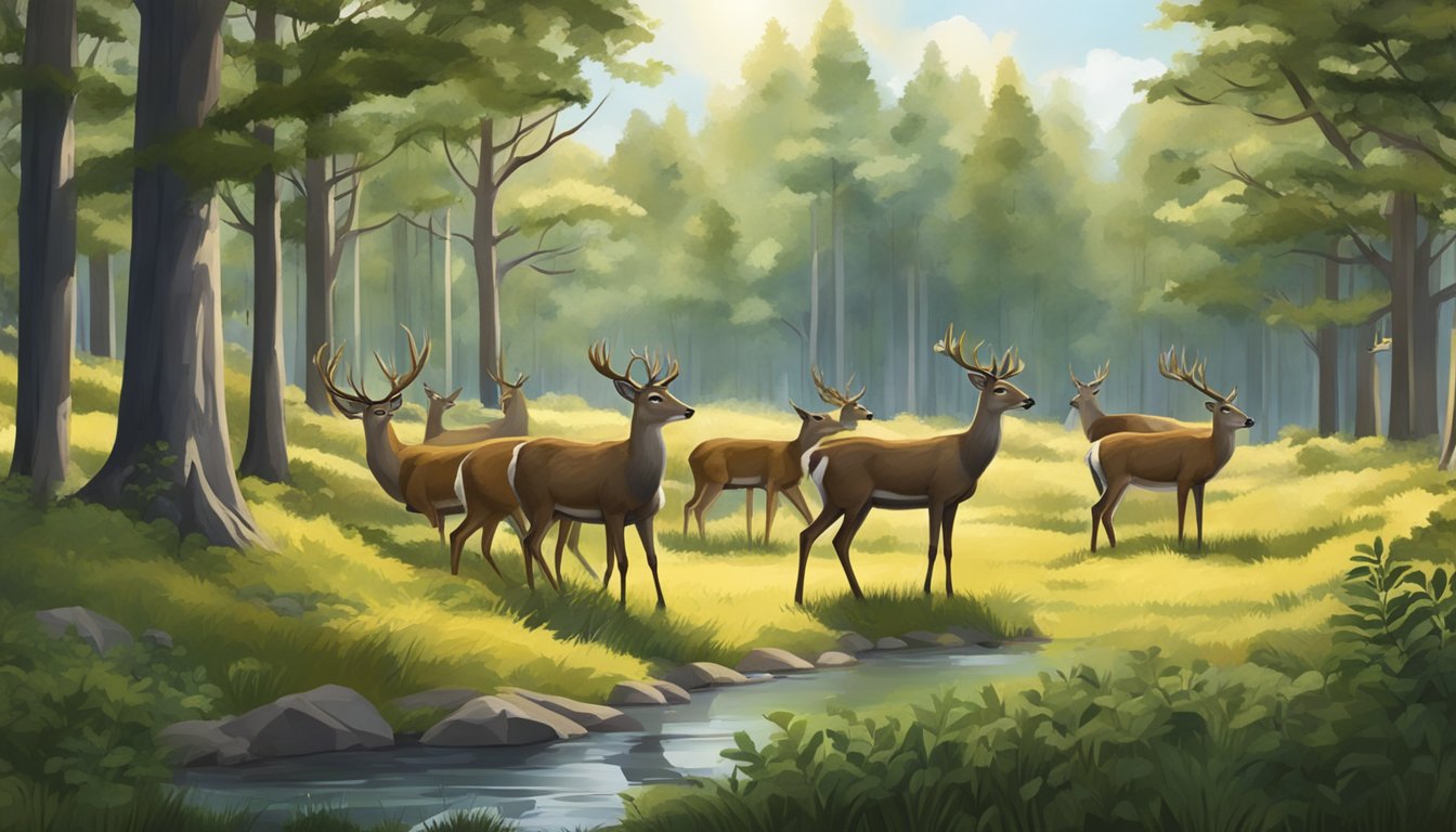 A group of deer grazing in a forest clearing, surrounded by trees and shrubs