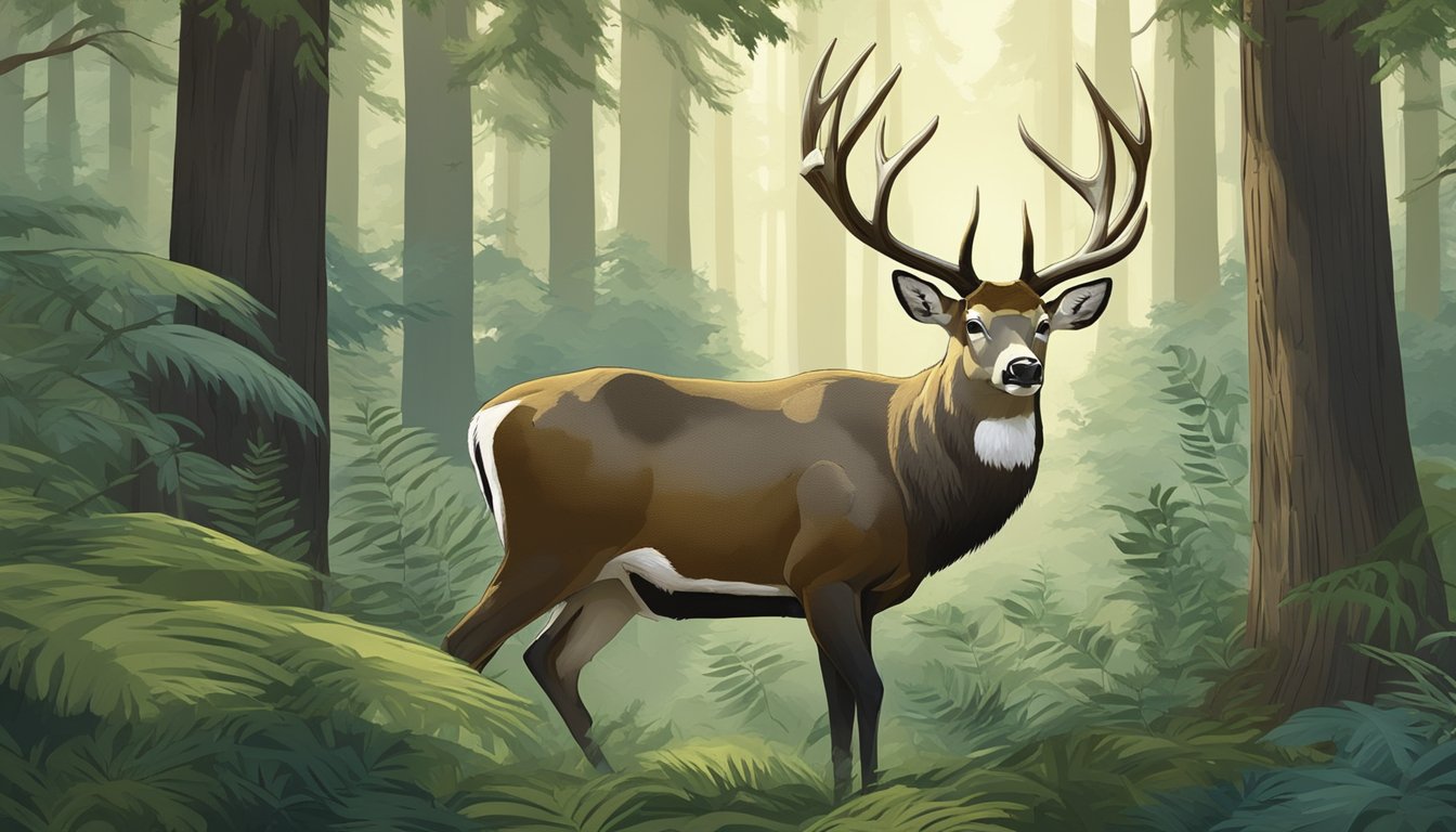 A massive buck stands in a lush forest, surrounded by towering trees and dense underbrush. Its powerful frame and majestic antlers speak to the influence of genetics and environment