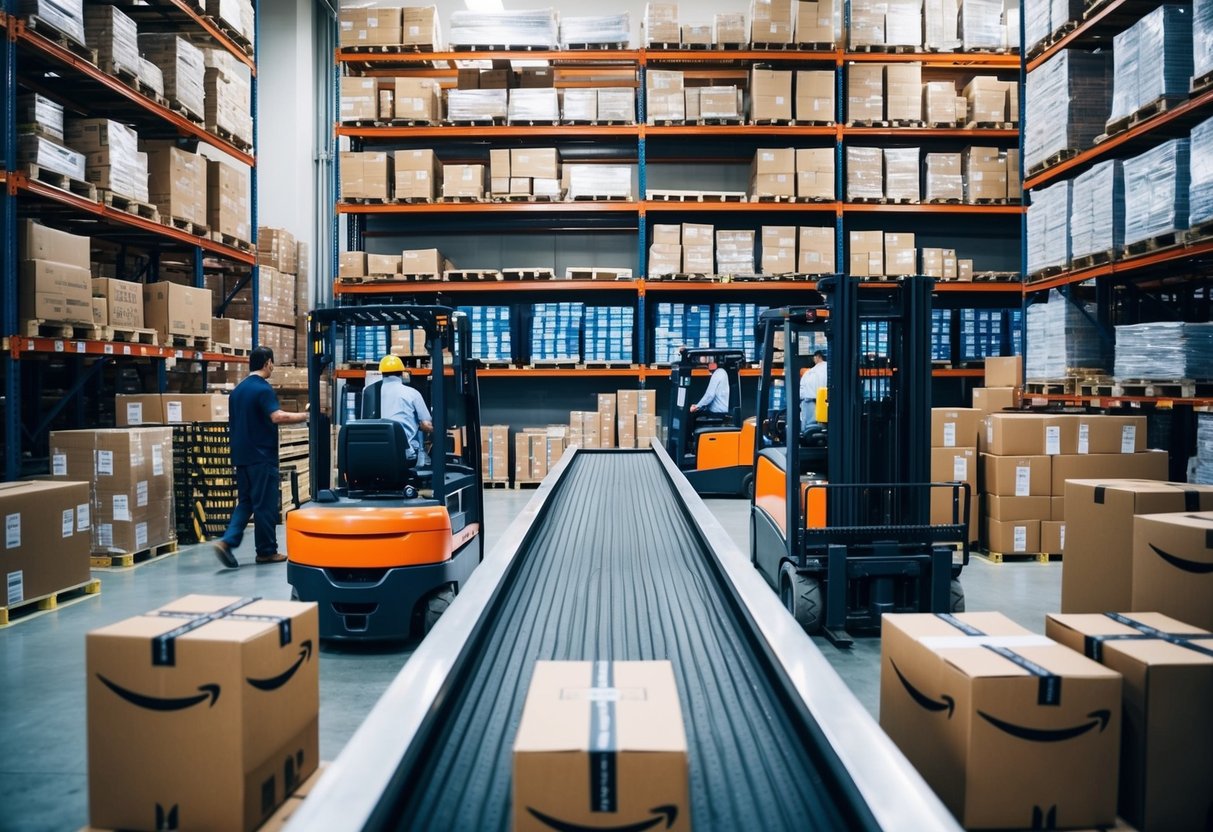 A warehouse with shelves of neatly organized products, a conveyor belt, and workers using forklifts to move inventory for Amazon