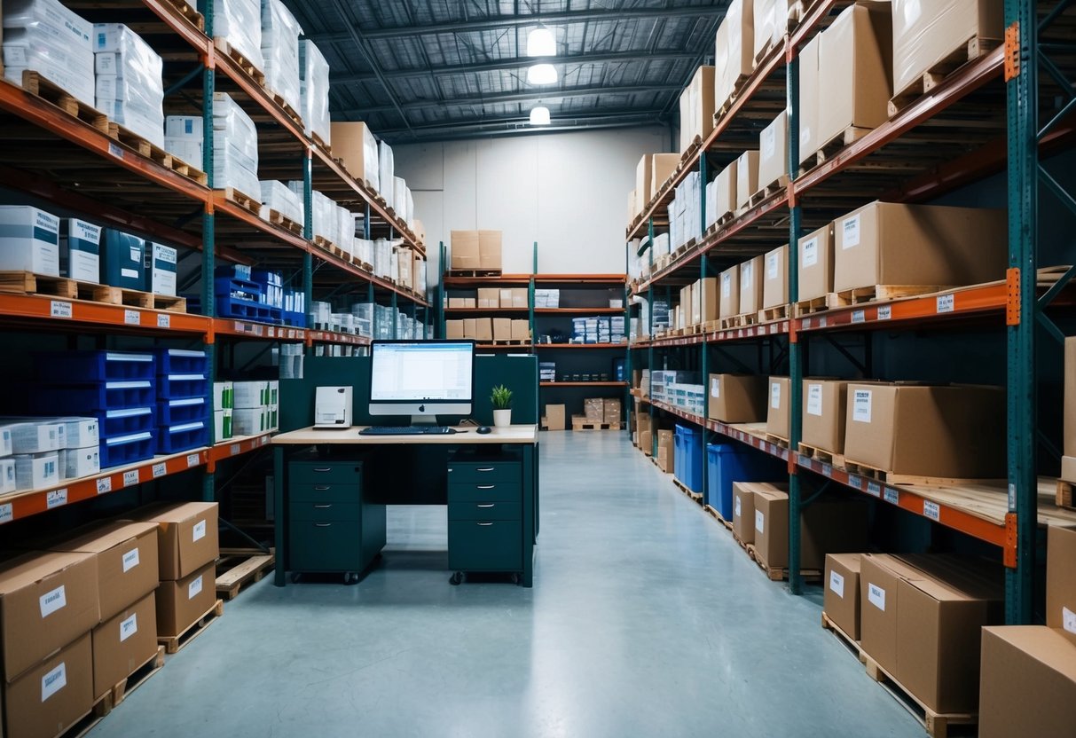 A warehouse with neatly organized shelves stocked with various products, labeled bins, and a computer workstation for inventory management