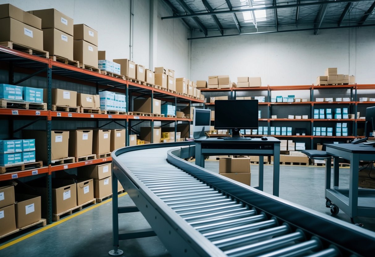 A warehouse with neatly organized shelves and labeled bins, a computer workstation for inventory tracking, and a conveyor belt for efficient product movement