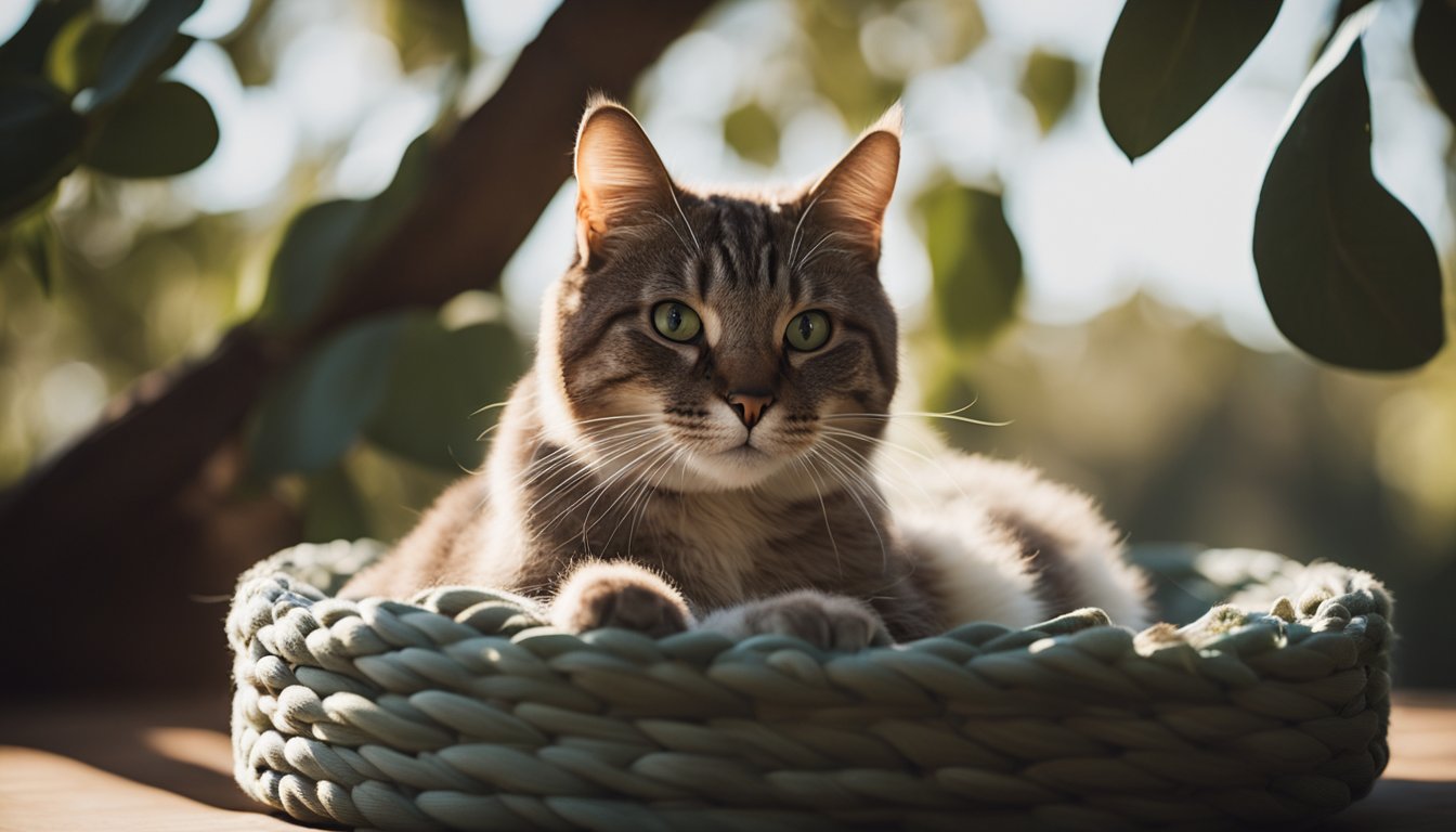 An empty cat bed beneath a looming eucalyptus, casting eerie shadows. Evokes unease, hinting at potential tragedy if the curious cat ventures too close