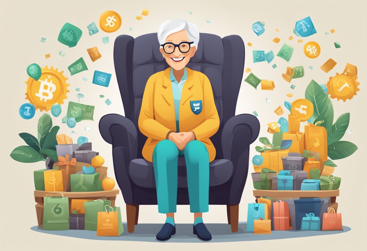 Uma pessoa idosa sentada em uma cadeira com um sorriso, cercada por símbolos de descontos, saúde e direitos legais no Brasil