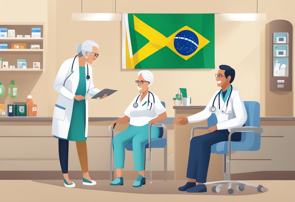 Uma pessoa idosa recebendo um cartão de desconto de um prestador de serviços de saúde sorridente, com um fundo de uma bandeira brasileira e uma instalação médica.