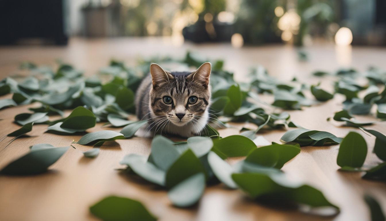 Eucalyptus leaves strewn on floor, mixed with toys and items. Suggests aftermath of cat's interaction, raising questions