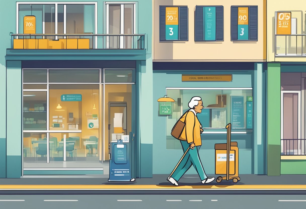 Uma pessoa idosa usando uma bengala caminha em direção a uma unidade de saúde, passando por uma placa que exibe vários descontos e benefícios disponíveis para idosos no Brasil.