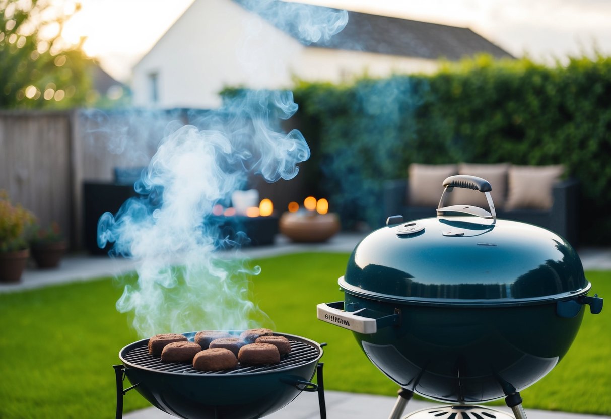 A cozy backyard with a grill and smoke rising from smoke-free briquettes in Ireland