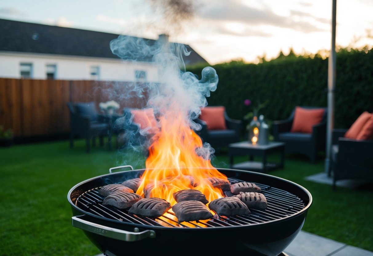 A cozy backyard with a glowing grill and smoke rising from smoke-free briquettes in Ireland